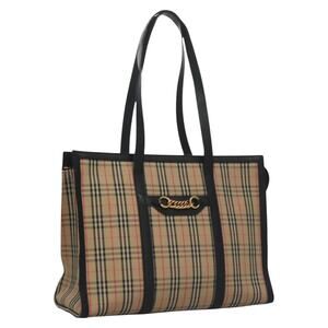 Burberry Nova Check Tote Bag Canvas Leather Beige Black Gold